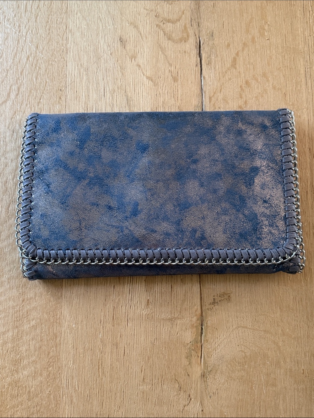 Phaser Purplish Gray Metallic Leather  Crossbody Clutch with Chain Trim